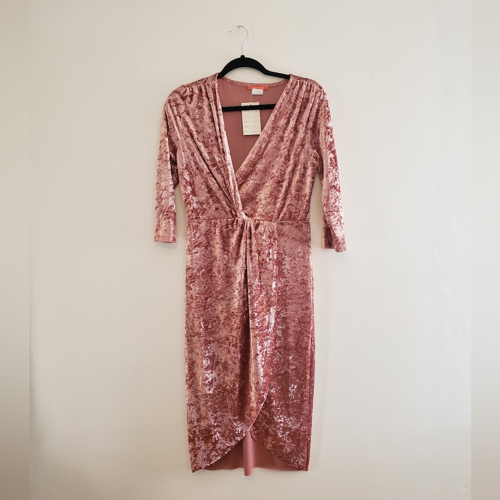 Womens Pink Velvet Hi-Lo Quarter Sleeve Dress, Large